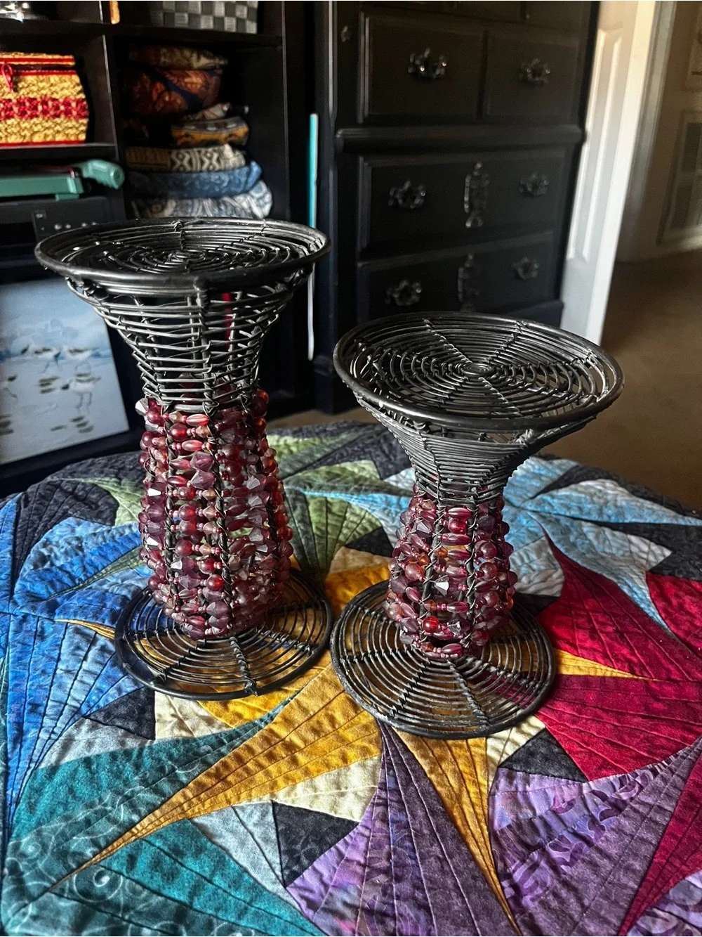 Handmade Black Candle stands with Red Bead Accents - Home Accents